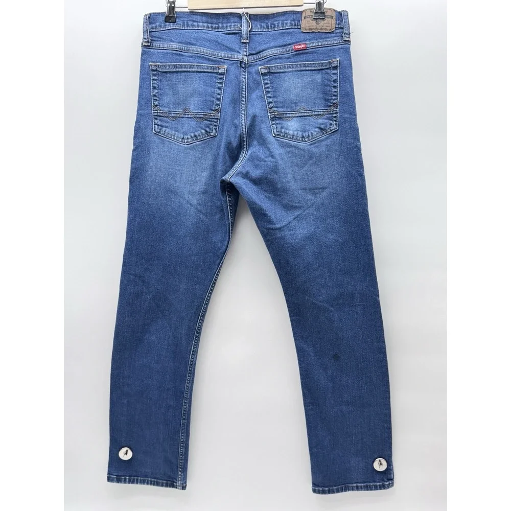Wrangler Slim Straight Jeans Mens 33x32 Distressed Blue Stretch Denim